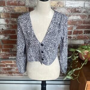 Shein White and  Black Leopard Print Long Sleeve Button Down Crop Top Size 6